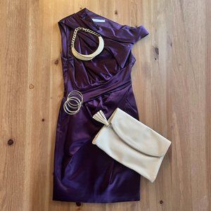 KAREN MILLEN Satin Off Shoulder Draped Sheath Dress 8 (runs small)